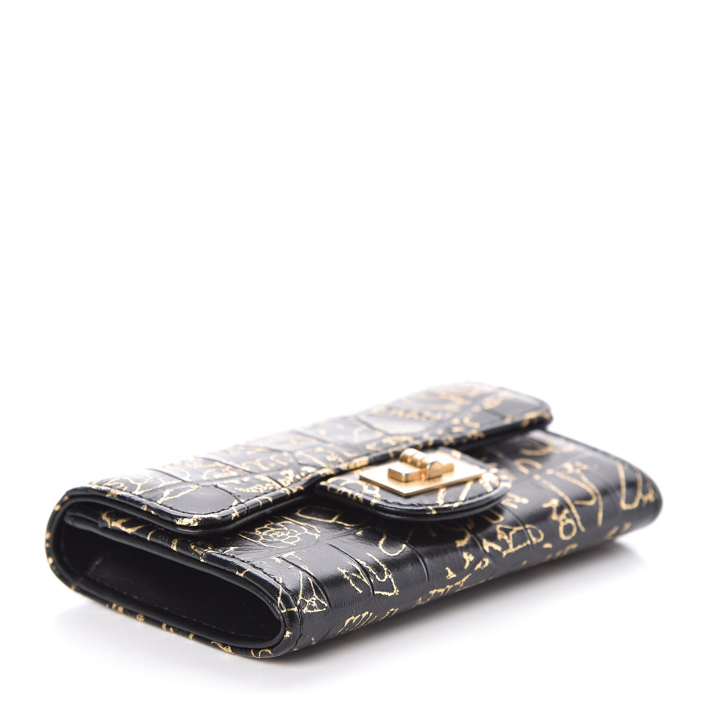 Calfskin Crocodile Embossed Graffiti 2.55 Cocodile Reissue Flap Card Holder Black Gold