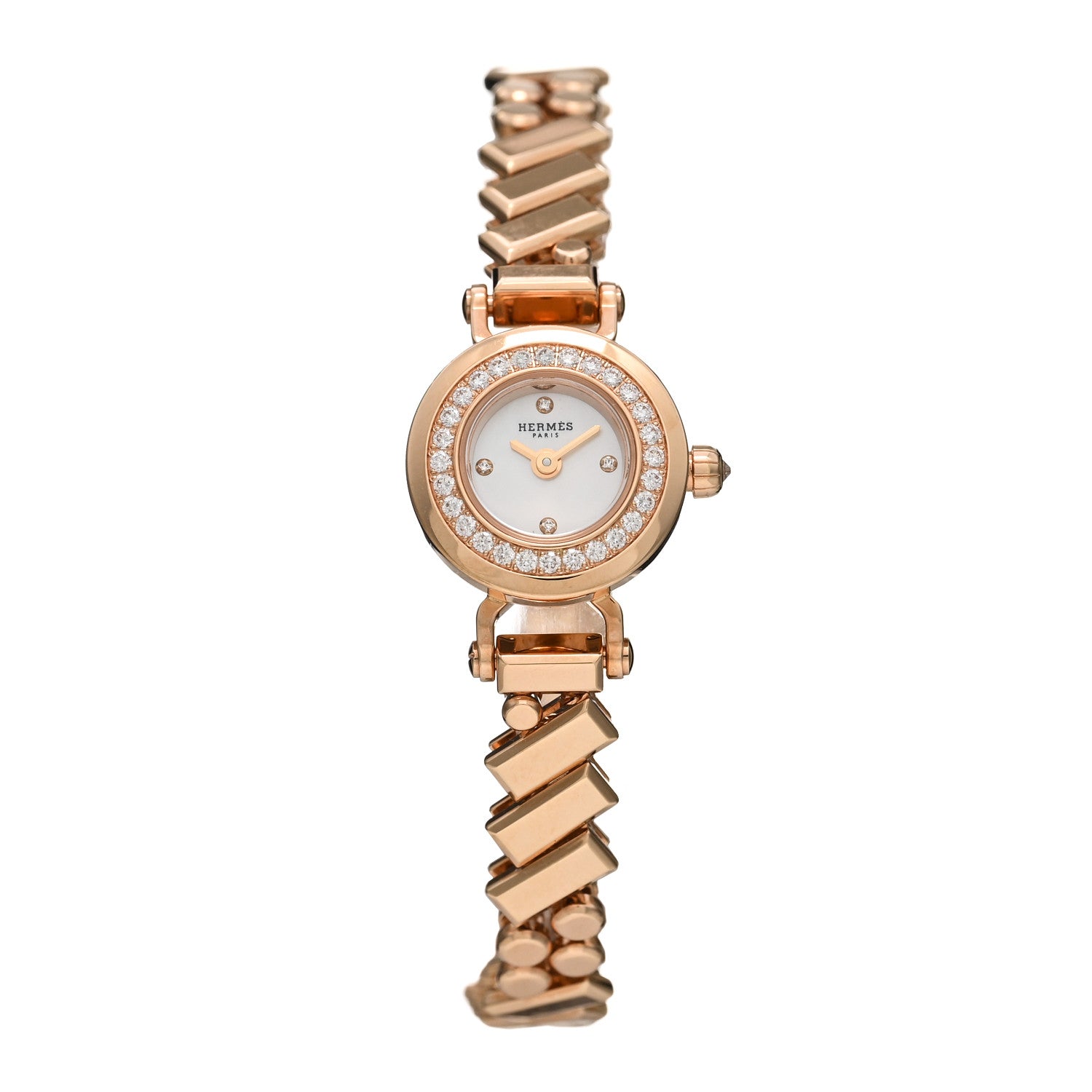 Hermes 18K Rose Gold Diamond Mother of Pearl 16mm Faubourg Polka Mini Quartz Watch 1 of 5