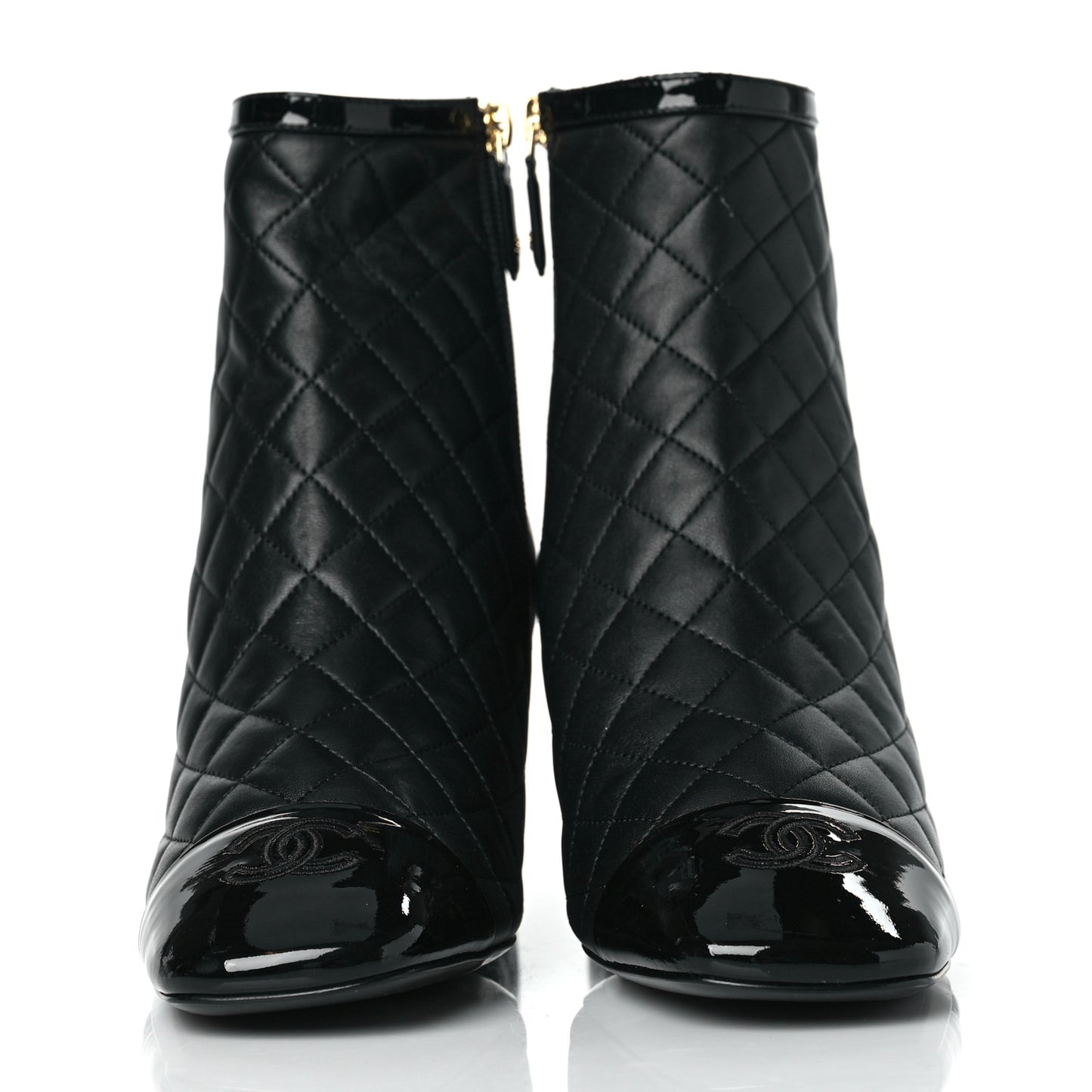 Lambskin Quilted Patent Cap Toe CC Booties 40.5 Black