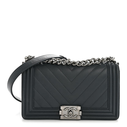 Chanel Calfskin Chevron Quilted New Medium Boy Flap Dark Navy Blue 1 of 12
