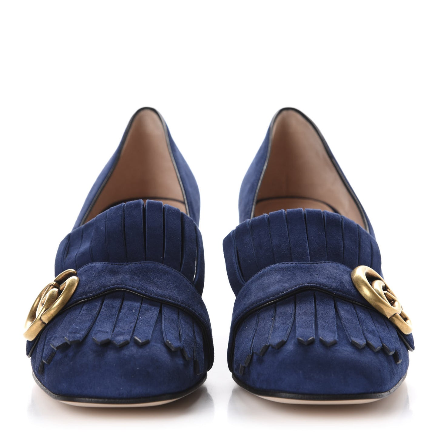 Kid Scamosciato GG Marmont Fringe 50mm Loafer Pumps 37 Blue Ink