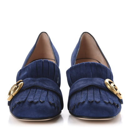 Gucci Kid Scamosciato GG Marmont Fringe 50mm Loafer Pumps 37 Blue Ink 2 of 10