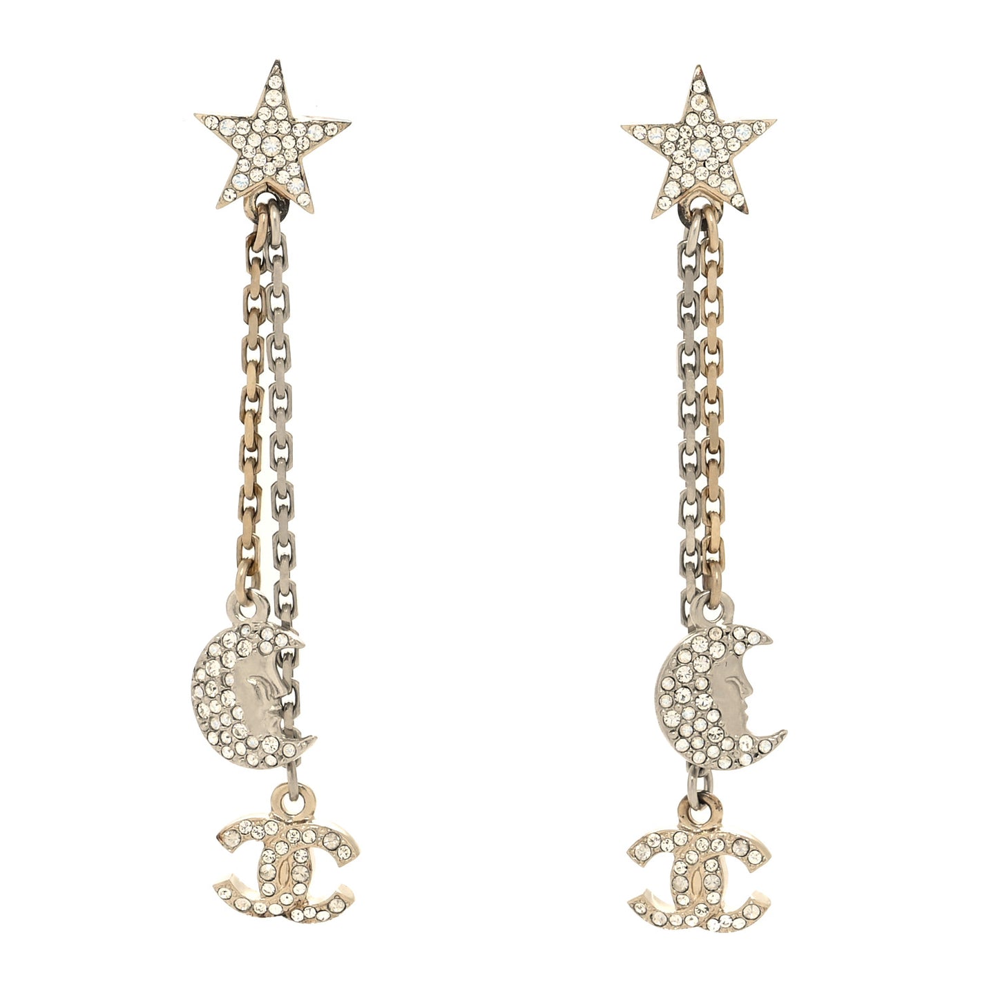 Crystal CC Star Moon Dangle Earrings Silver Gold