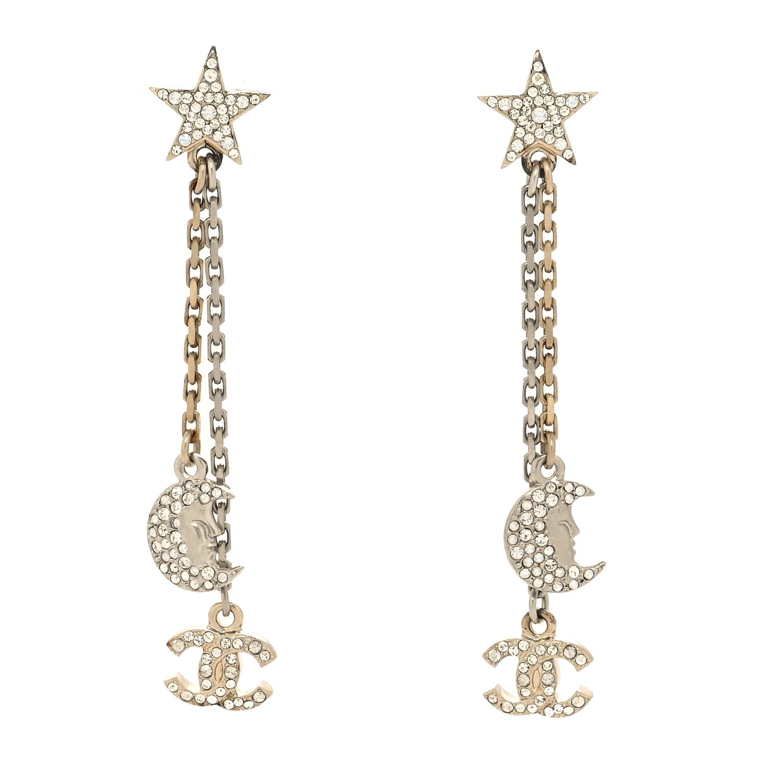 Chanel Crystal CC Star Moon Dangle Earrings Silver Gold 1 of 5