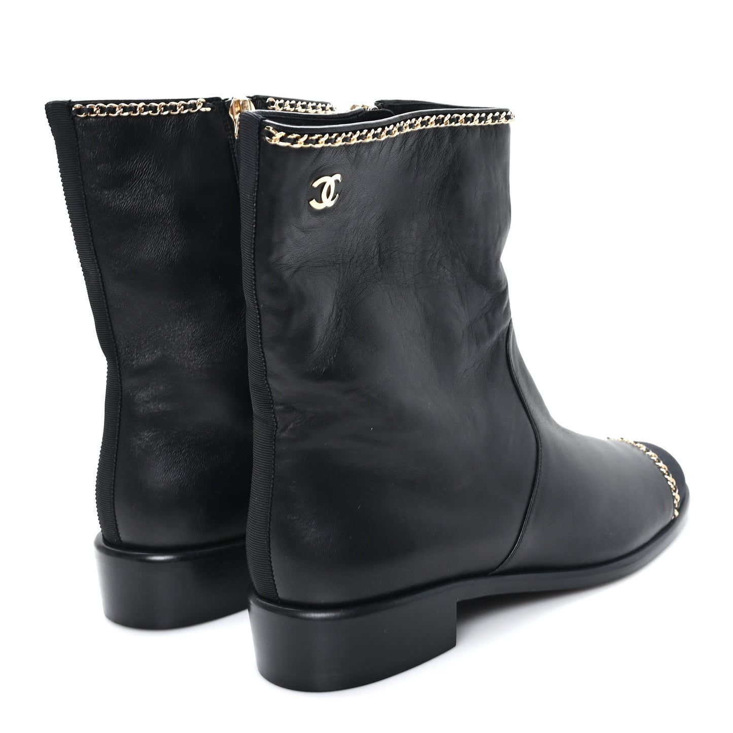 Lambskin Grosgrain Cap Toe Chain Short Boots 38 Black