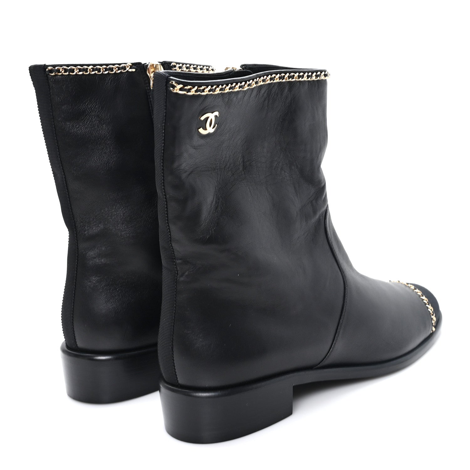 Chanel Lambskin Grosgrain Cap Toe Chain Short Boots 38 Black 5 of 9