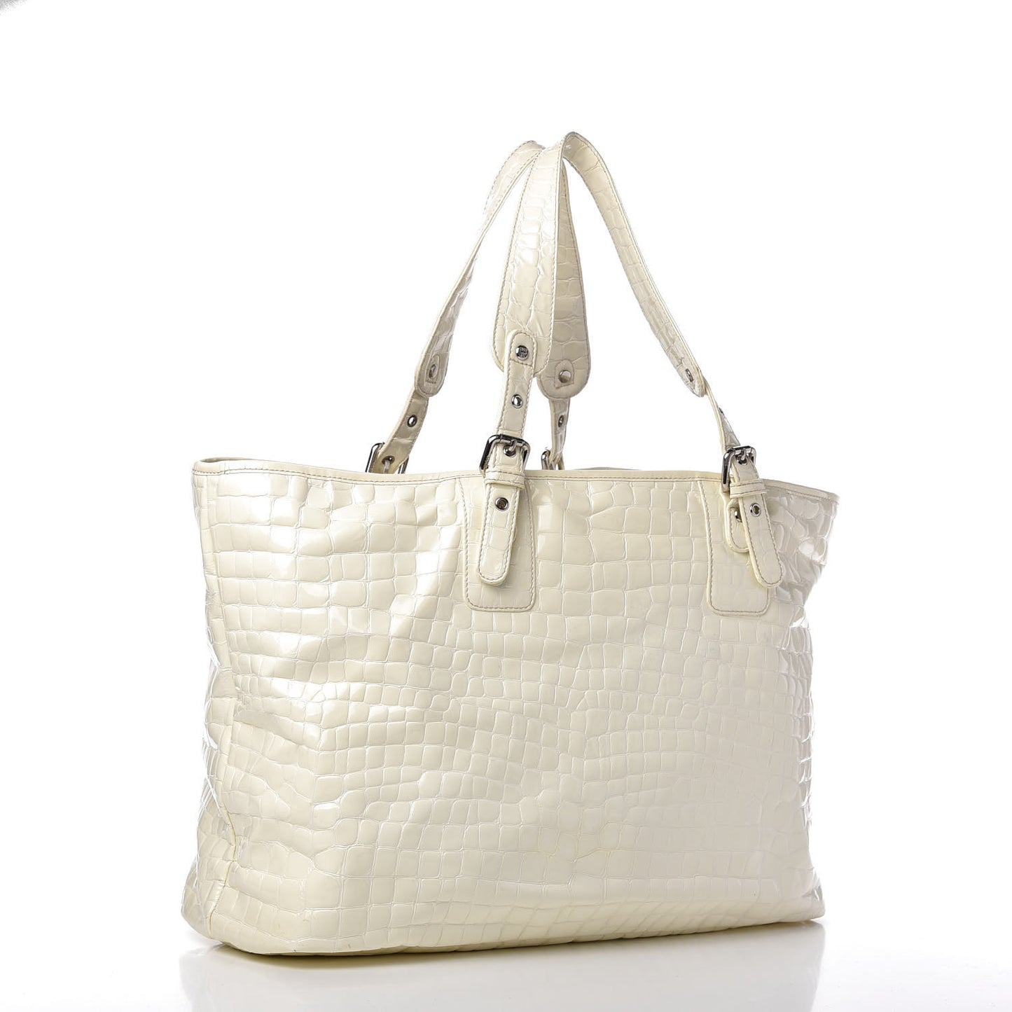 Crocodile Embossed Patent Calfskin Tote Ivory
