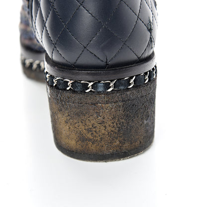 Chanel Wool Calfskin Tweed Lace Up Boots 42 Navy 9 of 12