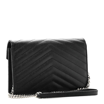 Saint Laurent Grain De Poudre Matelasse Chevron Monogram Envelope Chain Wallet Black 3 of 9