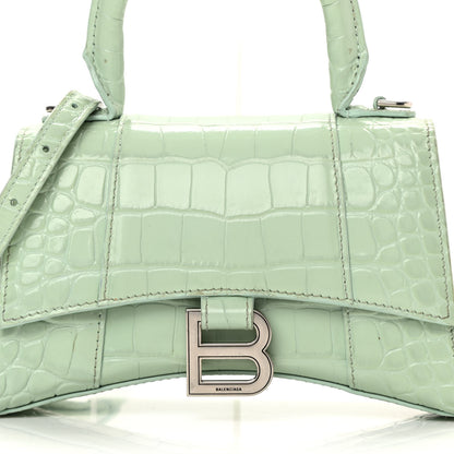 Balenciaga Shiny Calfskin Crocodile Embossed Hourglass Top Handle Bag XS Light Green 9 of 20