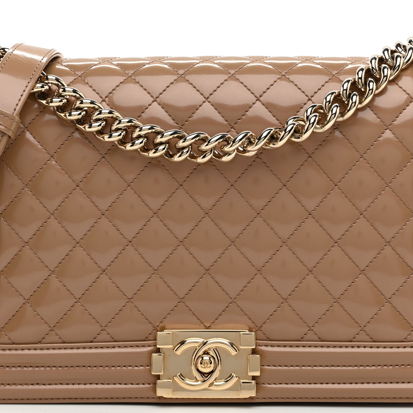 Iridescent Glazed Calfskin Quilted New Medium Boy Flap Dark Beige