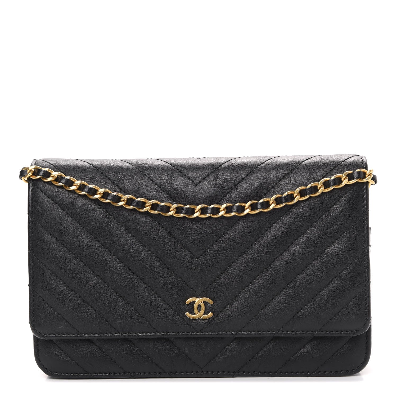 Chanel Crumpled Calfskin Chevron Quilted Wallet On Chain WOC Black 1 of 13