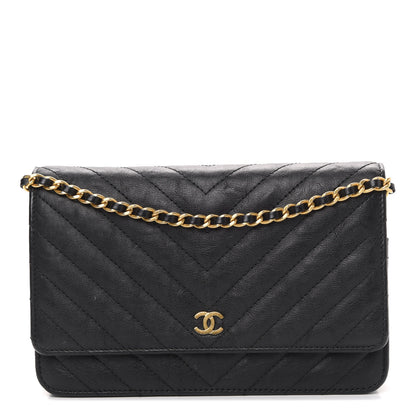 Chanel Crumpled Calfskin Chevron Quilted Wallet On Chain WOC Black 1 of 13