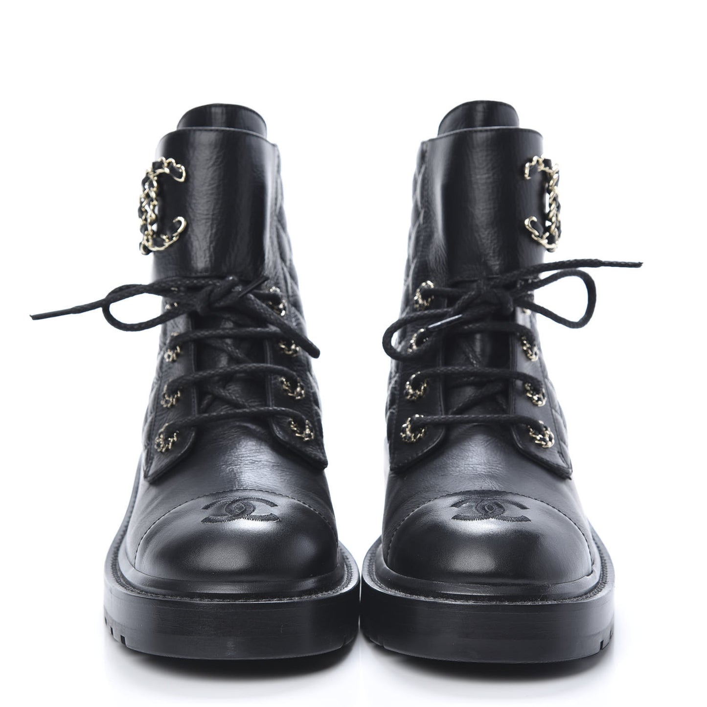Shiny Goatskin Calfskin Quilted Lace Up Combat Boots 38.5 Black