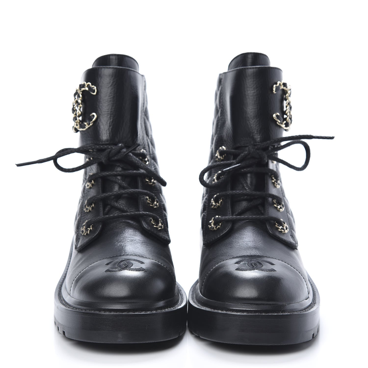 Chanel Shiny Goatskin Calfskin Quilted Lace Up Combat Boots 38.5 Black 2 of 9