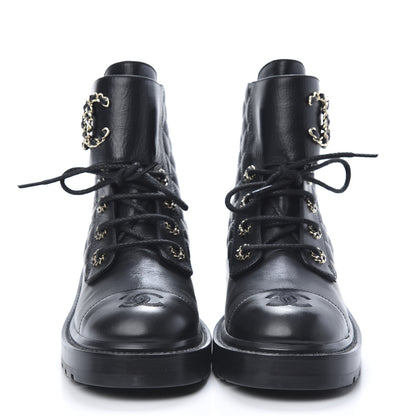 Chanel Shiny Goatskin Calfskin Quilted Lace Up Combat Boots 38.5 Black 2 of 9