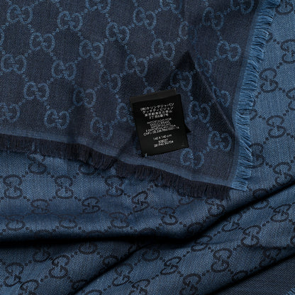 Gucci Wool Silk Monogram GGWeb Fringe Shawl Navy Blue 5 of 5