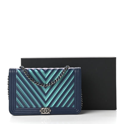Chanel Calfskin Painted Chevron Embossed Boy Wallet On Chain WOC Navy 12 of 13