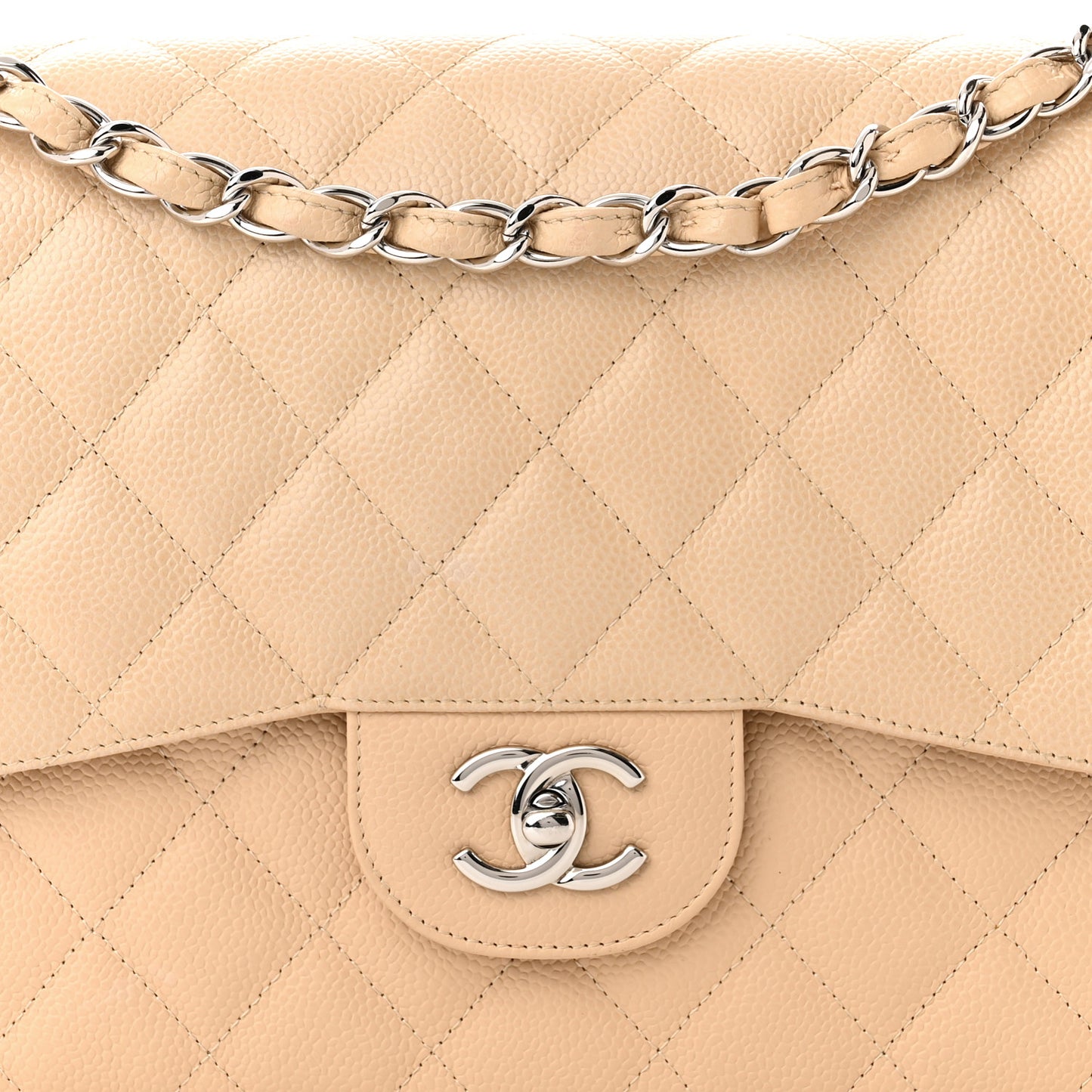 Caviar Quilted Jumbo Double Flap Light Beige