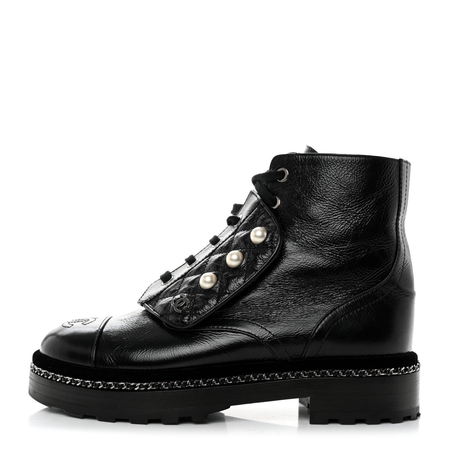 Crackled Calfskin Velvet Pearl Combat Short Boots 36 Black