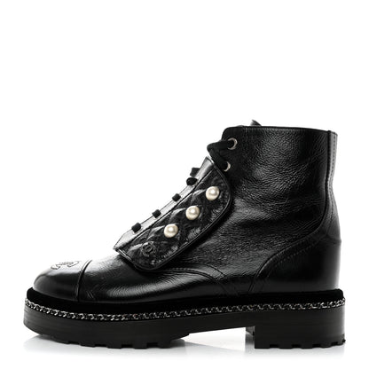 Chanel Crackled Calfskin Velvet Pearl Combat Short Boots 36 Black 1 of 8