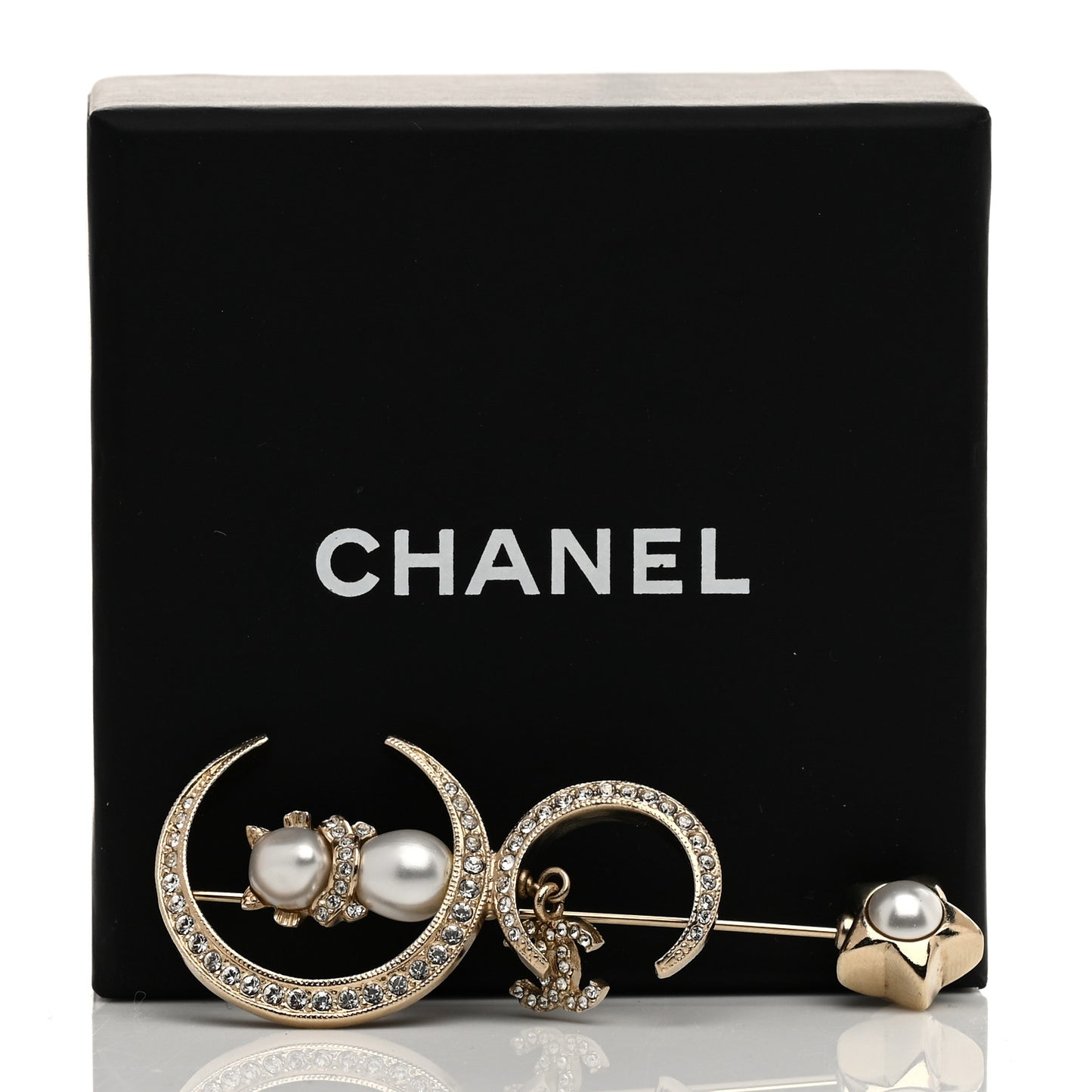 Pearl Crystal CC Drop Cat Moon Brooch Gold