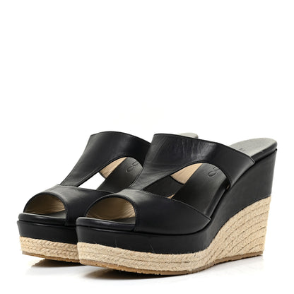 Jimmy Choo Calfskin Pledge T-Strap Espardille Wedge Sandals 38 Black 3 of 19