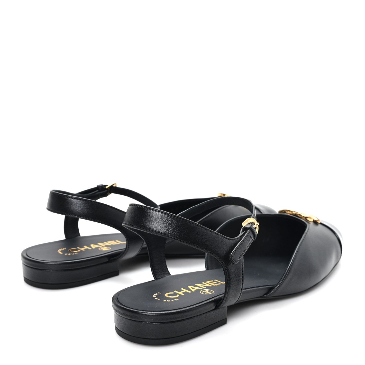 Chanel Lambskin Patent Cap Toe Crystal Enamel CC Mary Jane Slingback Flats 39.5 Black 5 of 10
