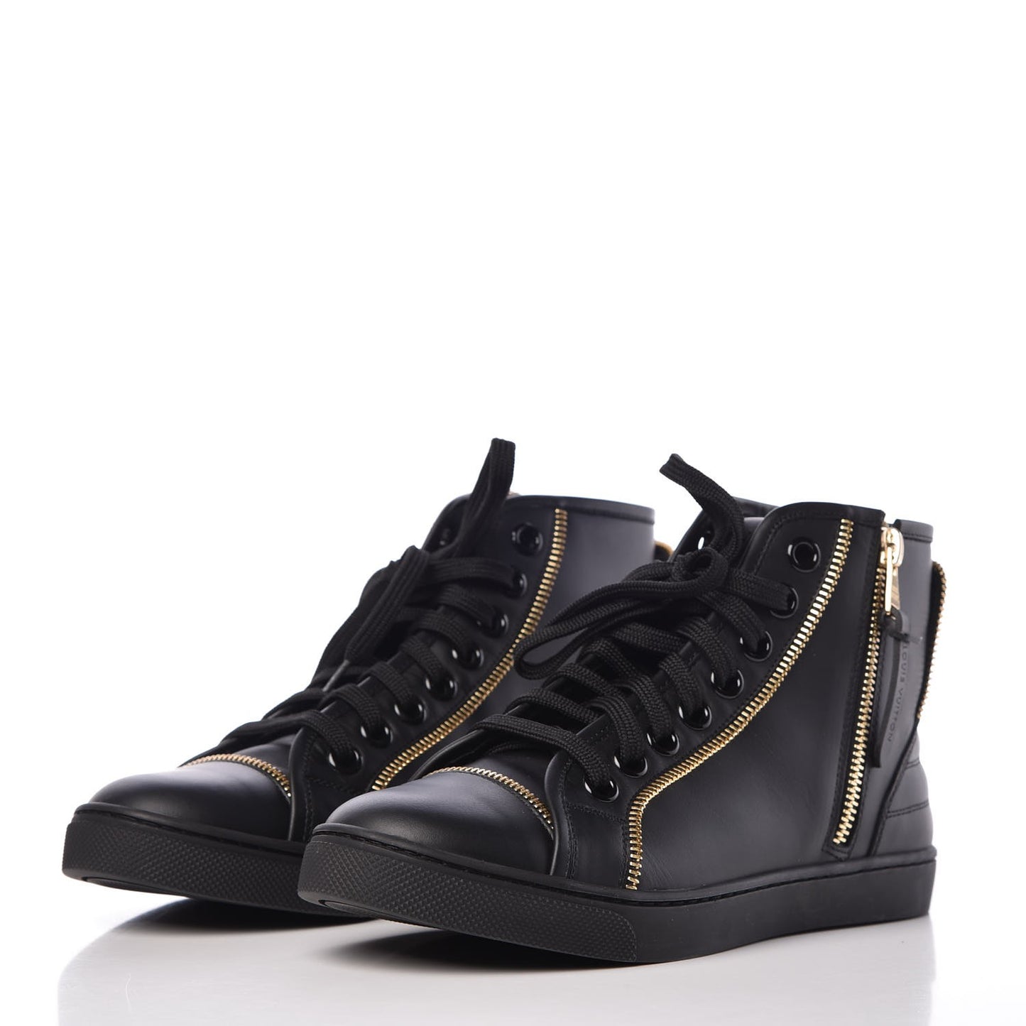 Calfskin Punchy Zipper High Top Sneakers 35.5 Black