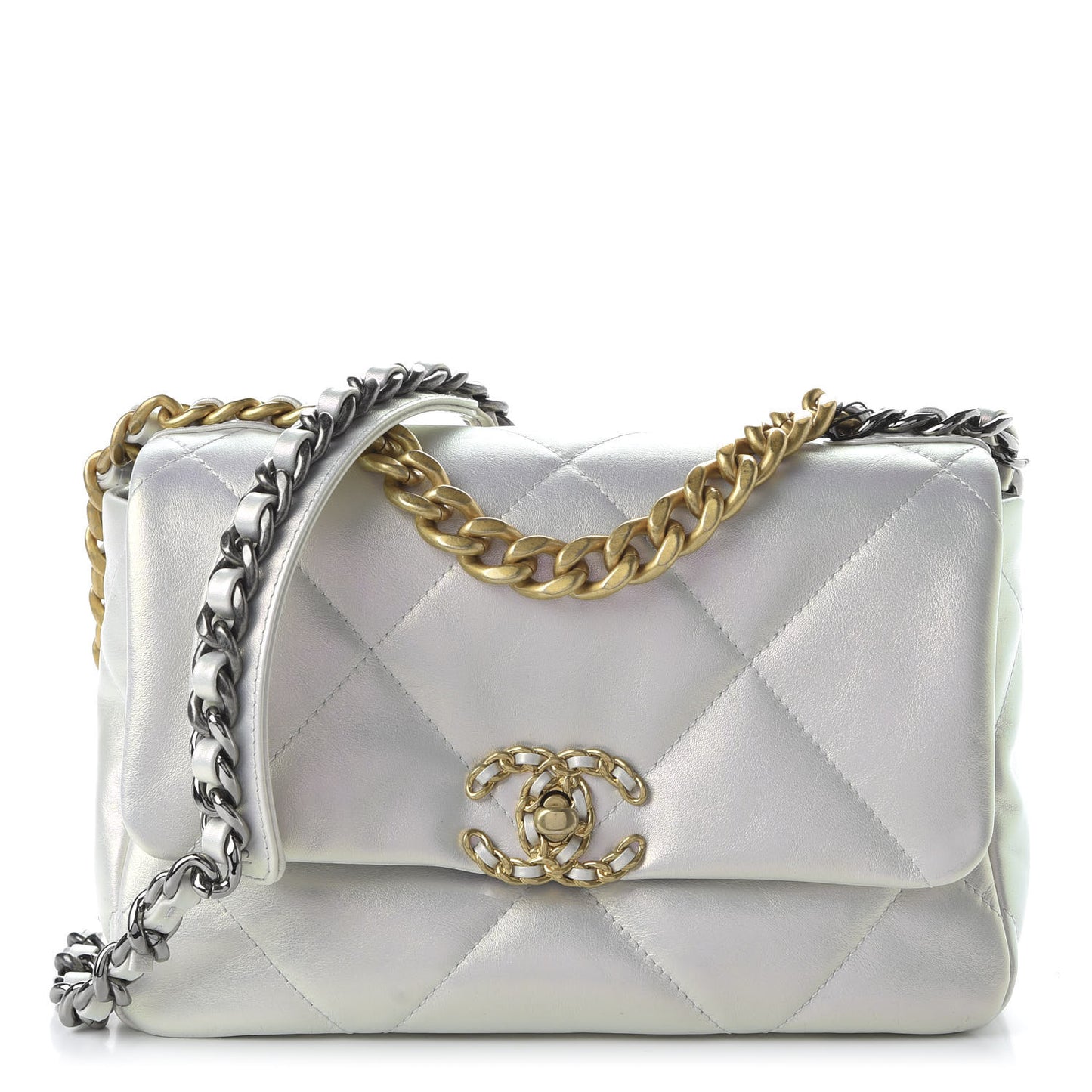 Iridescent Calfskin Quilted Medium 19 Flap White