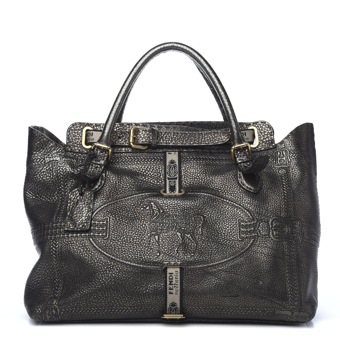 Metallic Calfskin Romano Selleria Large Villa Borghese Tote Black