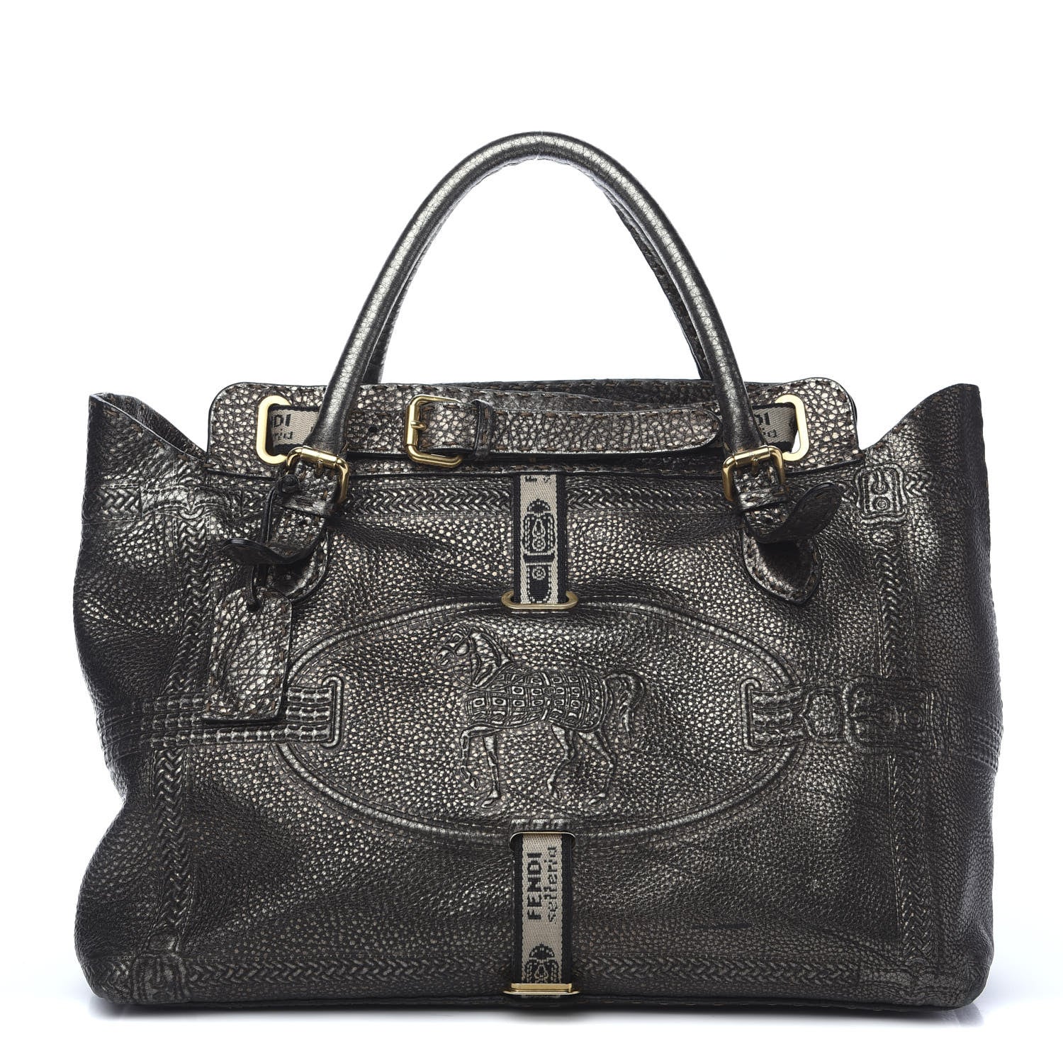 Fendi Metallic Calfskin Romano Selleria Large Villa Borghese Tote Black 1 of 13