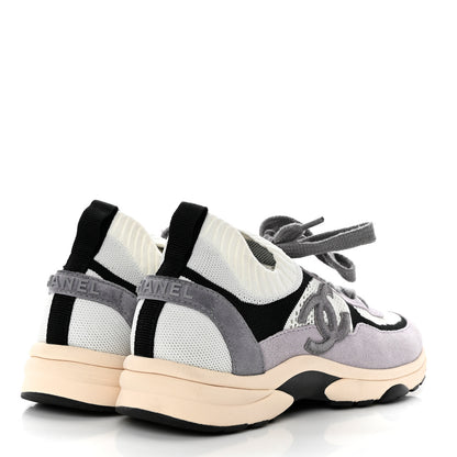 Chanel Mesh Suede Fabric Womens CC Sneakers 37.5 White Black Purple Dark Purple 4 of 6