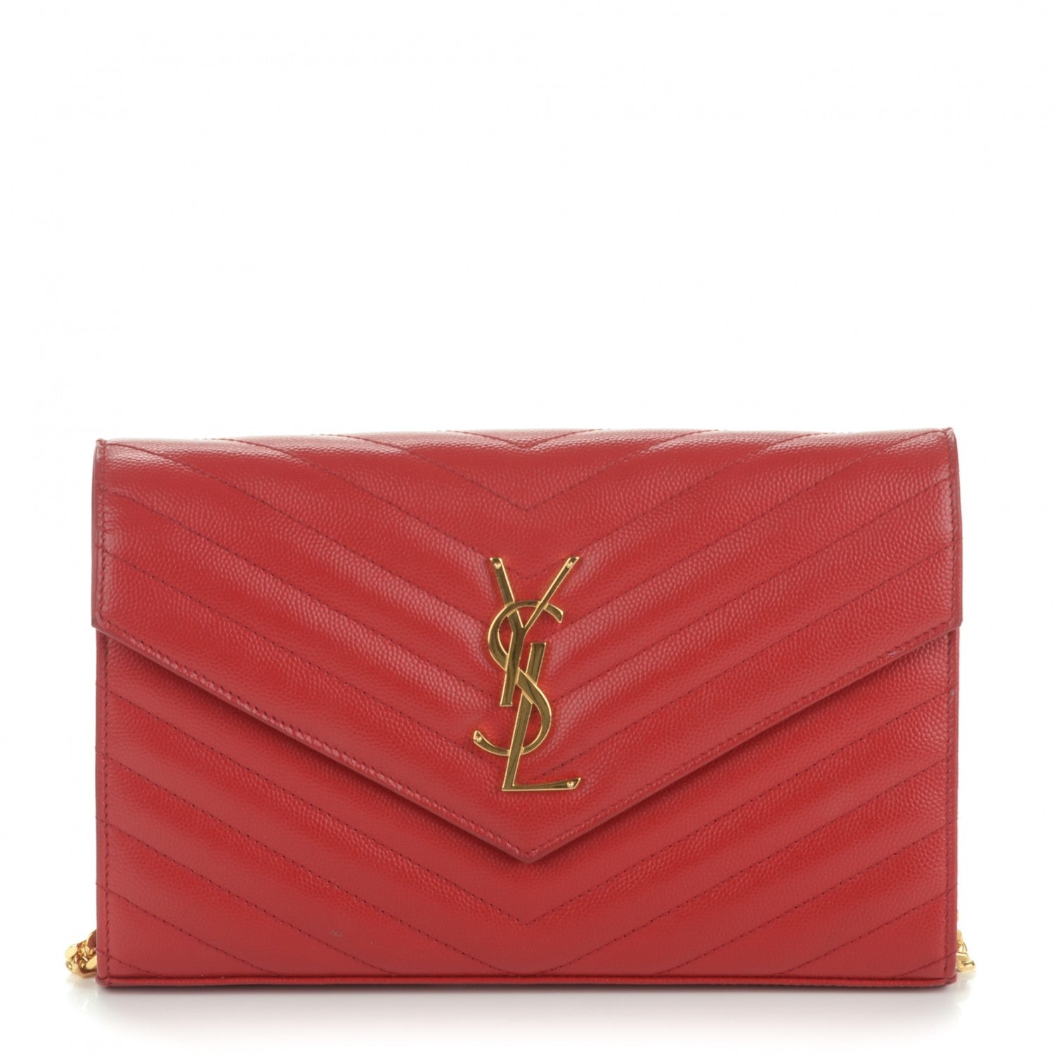 Saint Laurent Grain De Poudre Matelasse Chevron Monogram Chain Wallet Red 1 of 8