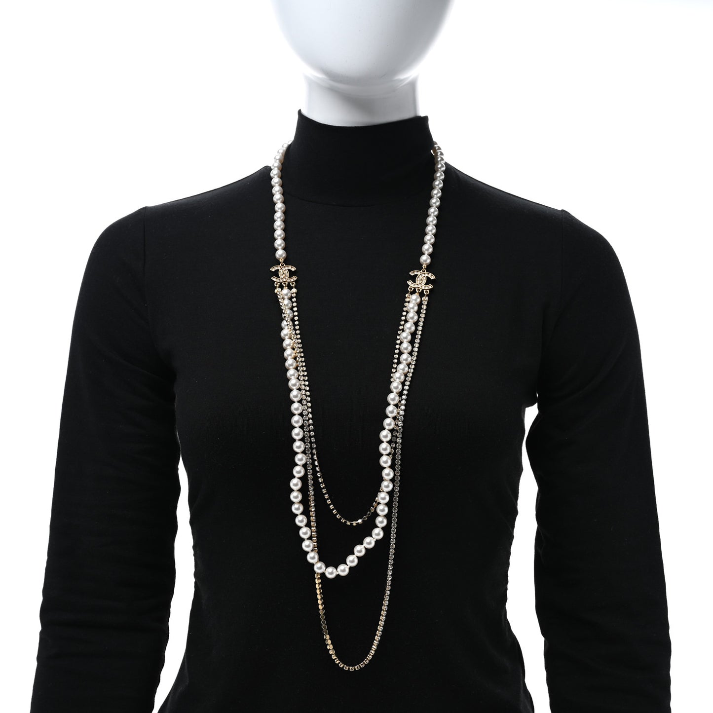Pearl Crystal Multi Strand CC Long Necklace  Gold