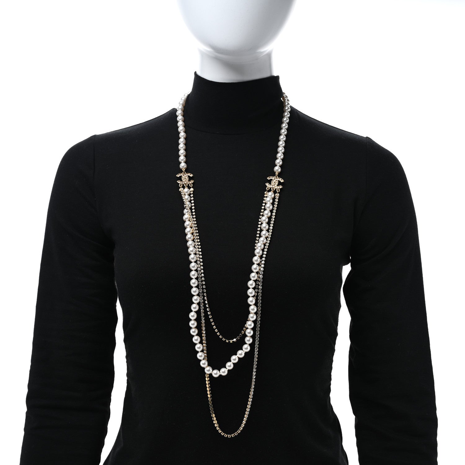 Chanel Pearl Crystal Multi Strand CC Long Necklace  Gold 3 of 5