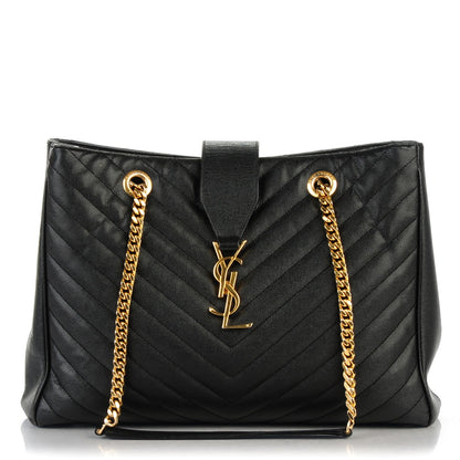 Saint Laurent Grain De Poudre Matelasse Chevron Monogram Shopping Bag Black 1 of 8