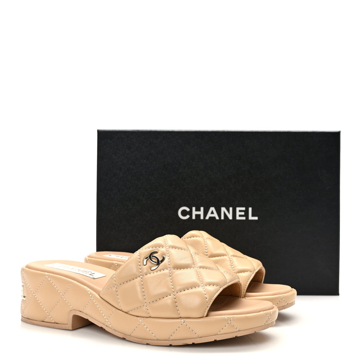 Chanel Lambskin Quilted CC Mules Wedge Sandals 38 Beige 10 of 10