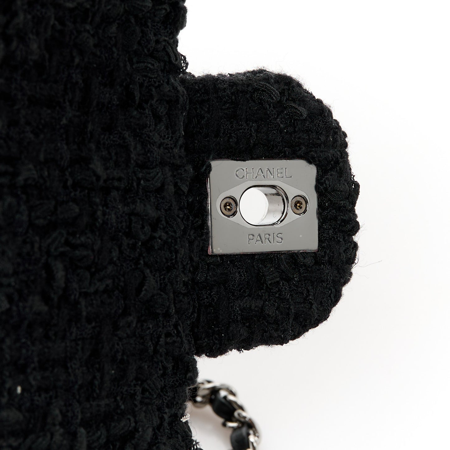 Tweed Quilted Pearl Fringe Quilted Mini Flap Bag Black Silver