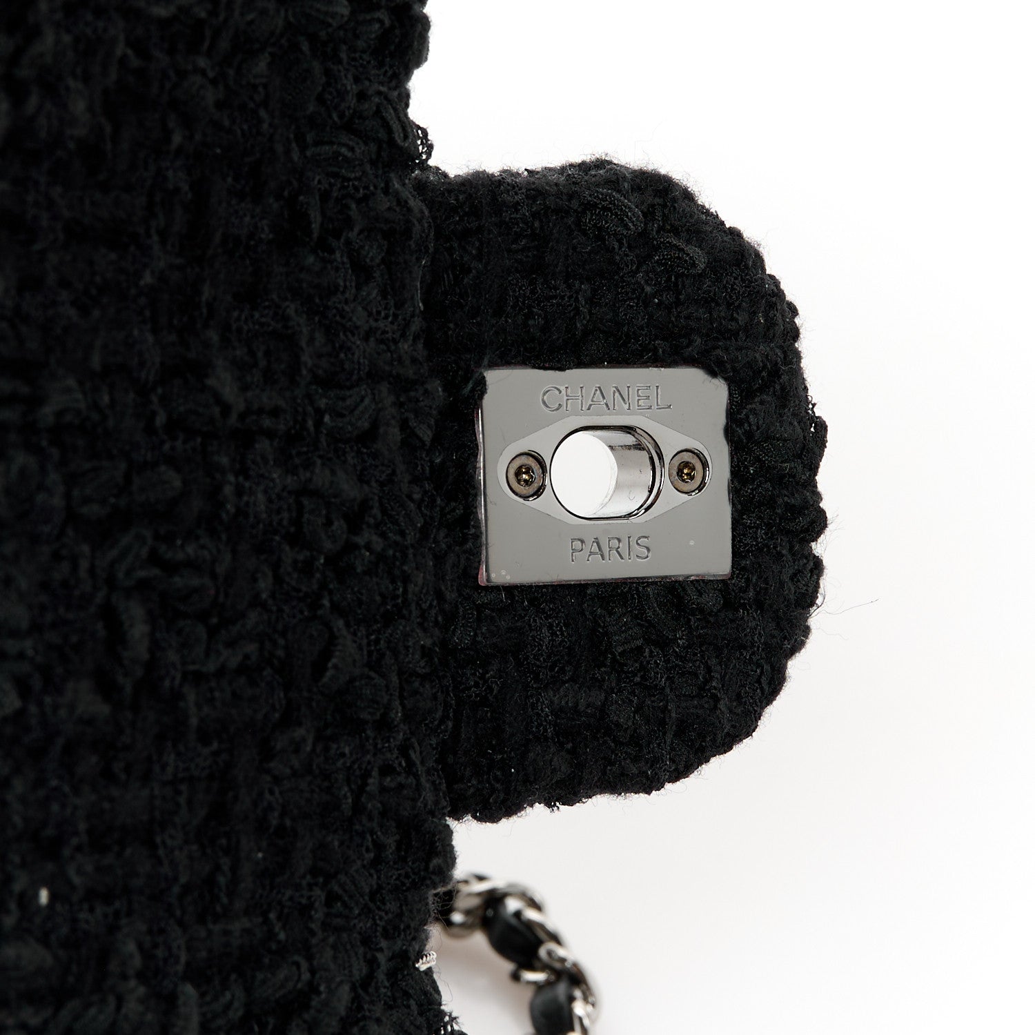 Chanel Tweed Quilted Pearl Fringe Quilted Mini Flap Bag Black Silver 6 of 11