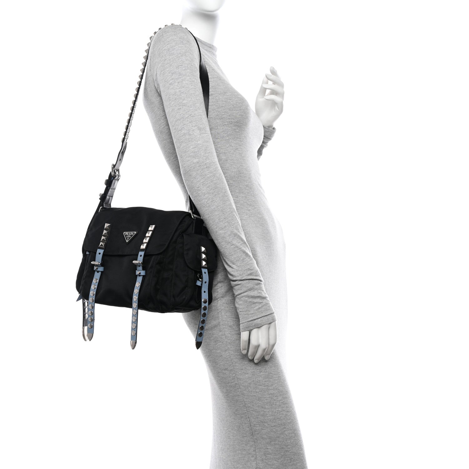 Prada Nylon New Vela Studded Messenger Bag Black 2 of 12