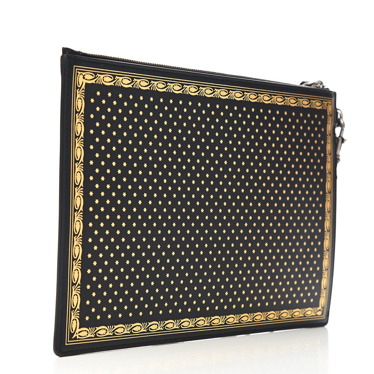 X SEGA Calfskin GUCCY Stars Zip Wristlet Pouch Black Gold