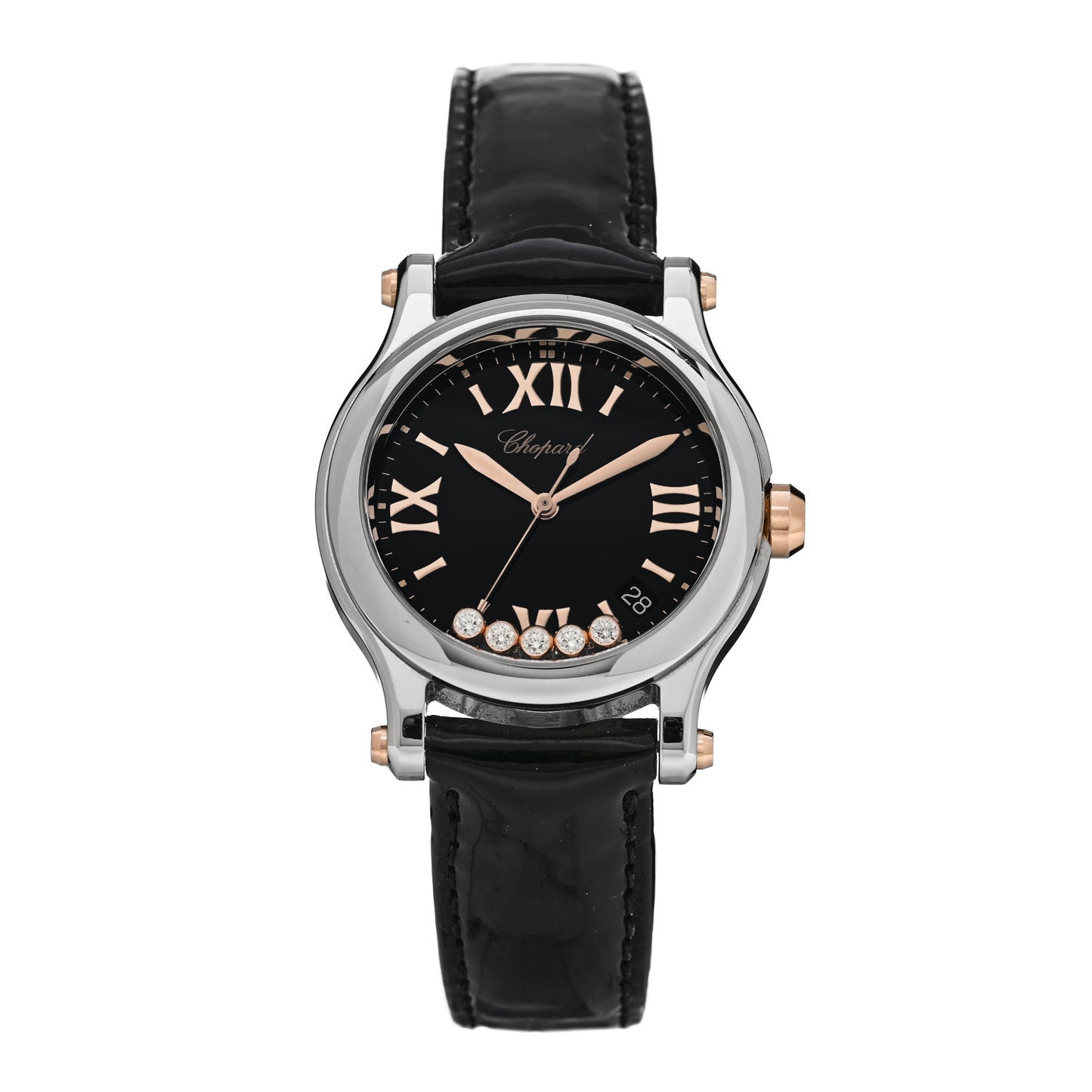 Stainless Steel 18K Rose Gold Alligator 5 Diamond 36mm Happy Sport Quartz Watch Black