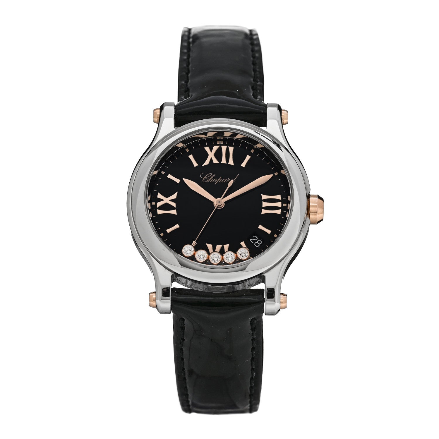 Chopard Stainless Steel 18K Rose Gold Alligator 5 Diamond 36mm Happy Sport Quartz Watch Black 1 of 5