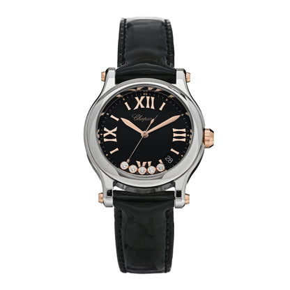 Chopard Stainless Steel 18K Rose Gold Alligator 5 Diamond 36mm Happy Sport Quartz Watch Black 1 of 5