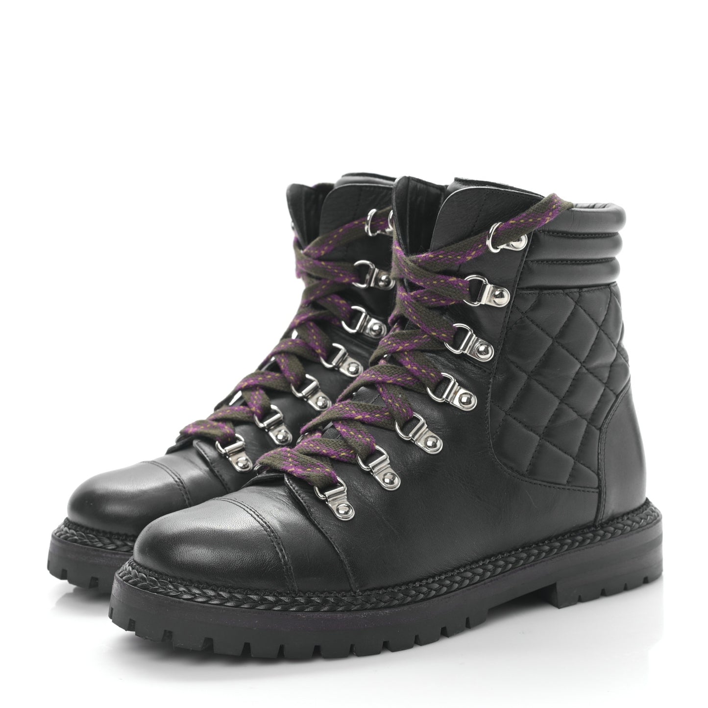 Lambskin Quilted Lace Up Boots 36 Black