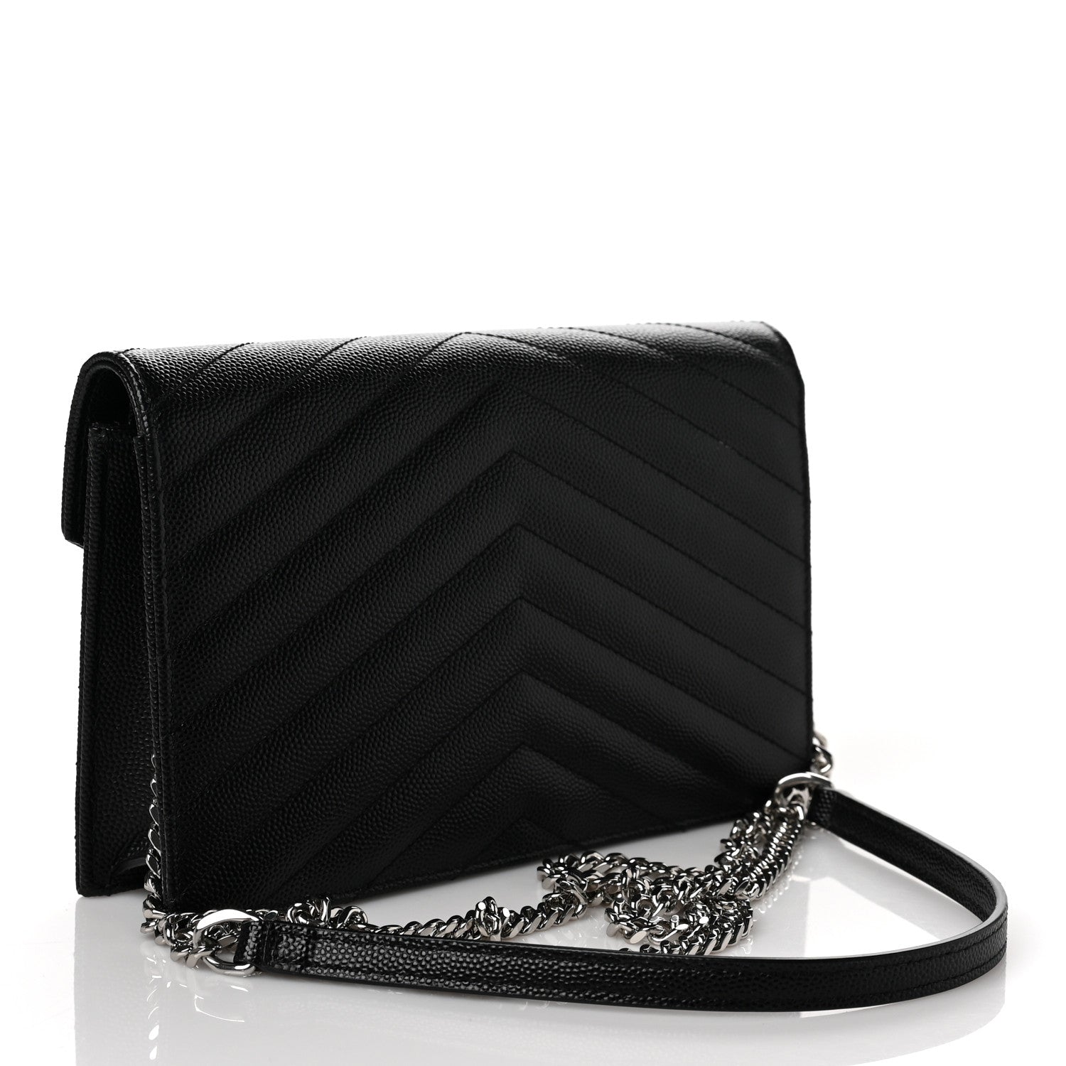 Saint Laurent Grain De Poudre Matelasse Chevron Monogram Envelope Chain Wallet Black 3 of 9