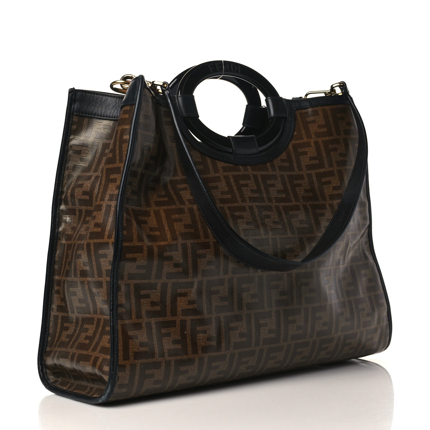 Fendi Glazed Fabric Vitello Century Plexiglass FF 1974 Stamp Patch Medium Runaway Shopper Tote Mogano Panna Black 3 of 12