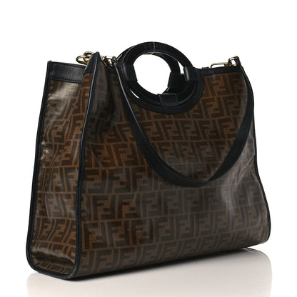 Fendi Glazed Fabric Vitello Century Plexiglass FF 1974 Stamp Patch Medium Runaway Shopper Tote Mogano Panna Black 3 of 12