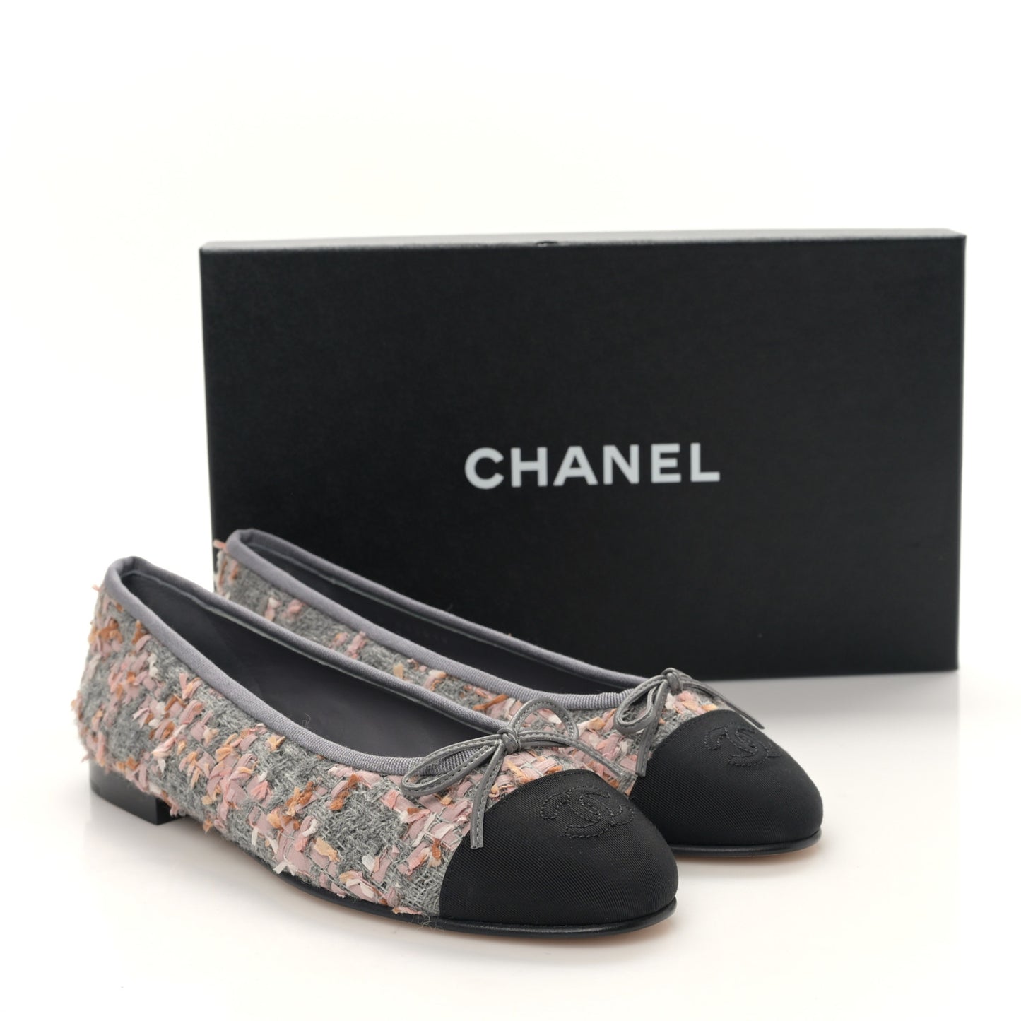 Tweed Grosgrain Cap Toe Ballerina Flats 38 Gray Pink Black